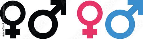 male and female gender symbols in black pink and blue colors for identity representation isolated on white background.