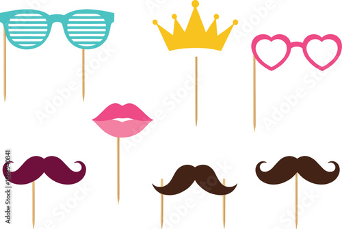 Photo booth party props with mustaches lips crown glasses and hearts perfect for celebration event decoration designs