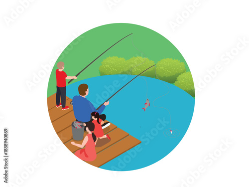 Family Fishing on Lake Pier 3d isometric vector illustration