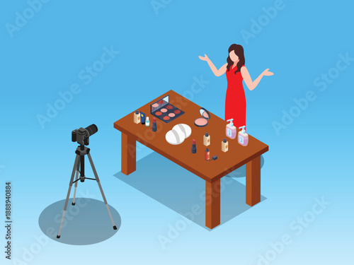 Beauty Influencer Recording Makeup Tutorial Video for Social Media Content 3d isometric vector illustration