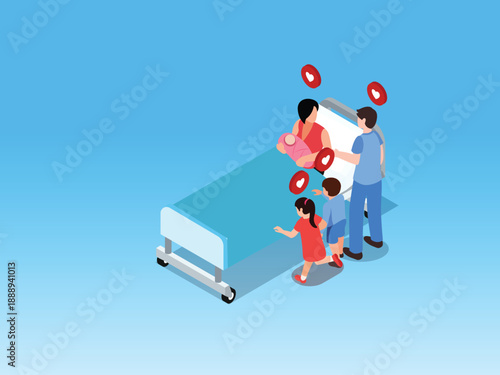 Family Visiting Mother and Newborn Baby in Hospital Bed with Social Media Heart Icons 3d isometric vector illustration