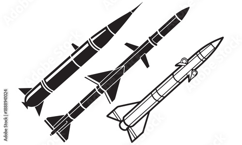 Missile Icon Set – Black Vector Rockets, Military Projectile Silhouette & Weapon Design .