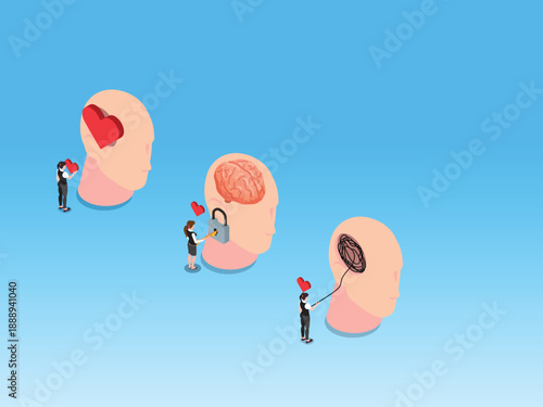 Mental Health Concept with Heart, Brain, and Unraveling Thoughts 3d isometric vector illustration
