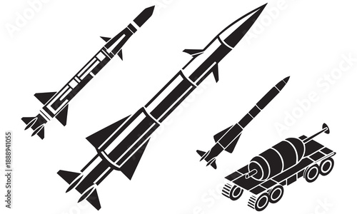 Missile Icon Set – Black Vector Rockets, Military Projectile Silhouette & Weapon Design .