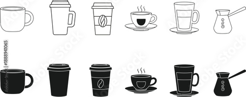 Collection of coffee cups and brewing methods in black and white