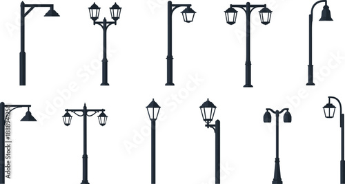 Collection of dark gray street lamp illustrations in diverse styles Keywords: street lamp, lamppost, lighting, outdoor, city