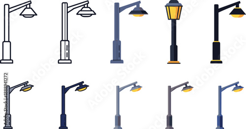 Collection of flat design street lamp icons and illustrations Keywords: street lamp, lamppost, light, lighting, urban, city