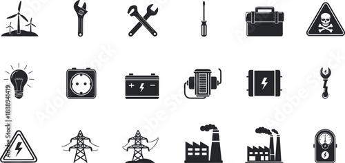 Foto Icons representing electrical power generation and tools electricity energy