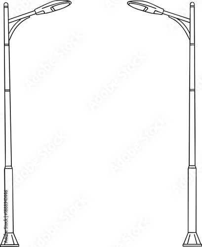 Outline drawing of two modern street lamps on white background lamppost light