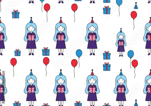 Seamless birthday pattern with cute girl balloons gifts party hats and festive celebration elements for kids designs