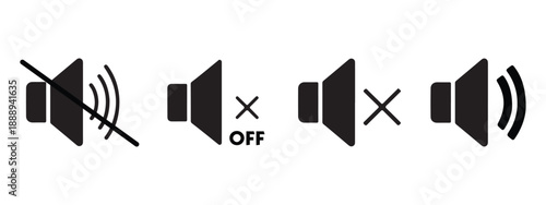 Set of Speaker Volume Icons Showing Mute Off and Sound Settings