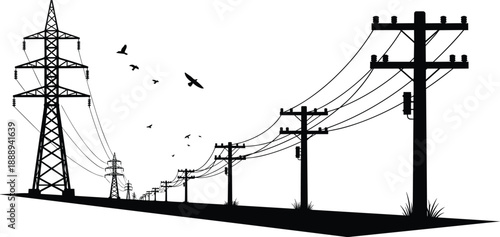 Silhouette of power lines and transmission towers against a white sky electricity utility pole