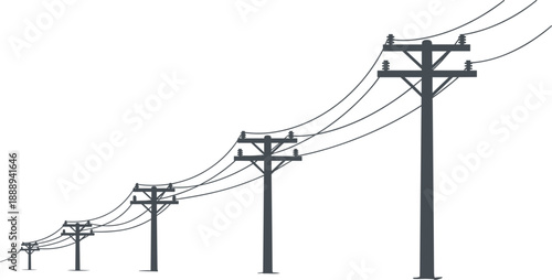 Silhouettes of Electricity Poles and Wires in Perspective on White Background untitled illustration