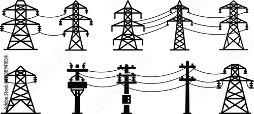 Silhouettes of high voltage electricity pylons and utility poles Keywords: electricity, power, pylon, transmission tower, utility