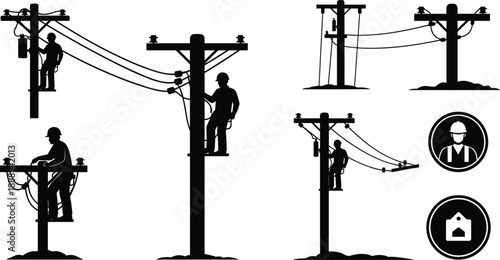 Silhouettes of linemen working on utility poles with transformers and wires Keywords: lineman, utility worker, electrician, power