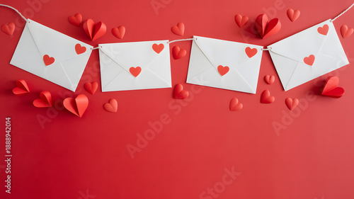 Red valentine heart banner with love cards on background
