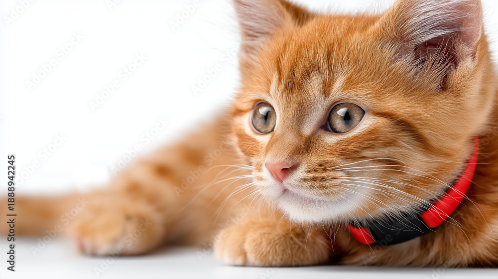 Obraz premium Ginger kitten wearing flea collar, highlighting importance of flea collars for effective prevention of parasitic diseases in pets, flea collars essential for pet health protection, with copy