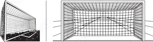 Black and white vector showing two perspectives of a soccer goal: a dynamic side-angle view on a pitch and a direct front view highlighting the structured grid of the netting.