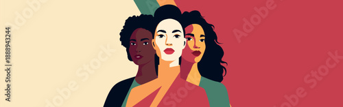 International women's day, gender equality, women's health and feminism. Women of different cultures and nationalities stand together. Vector concept of women empowerment. Vector flat banner template