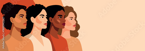 Vector banner with space for text for International Women's Day, March 8. Women of different cultures and skin tones stand together. Gender equality, women's empowerment, feminism, freedom, unity