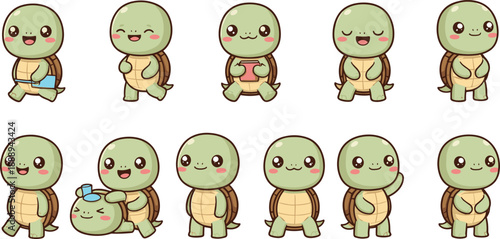 Cute Kawaii Turtle Character Vector Set with Friendly Emotions and Standing Poses for Stickers Messaging Apps Kids Content and Fun Illustration Designs