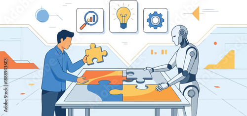Harmony in Technology: A human and a robot collaborate seamlessly, joining puzzle pieces together, signifying a fusion of intellect and technology. Representing the spirit of innovation and progress.