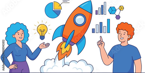 Innovation Takeoff: Two individuals are in front of an illustration of a rocket ship ascending, symbols of ideas and data surrounding it. Embodying themes of launch, and the promise of breakthroughs.