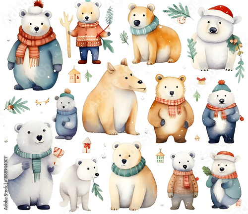 Charming watercolor Christmas polar bear characters on a transparent background