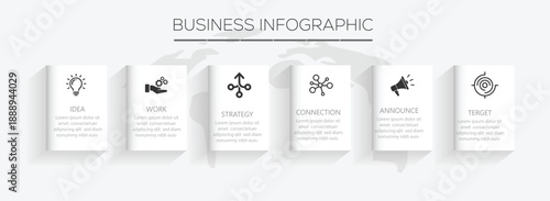 Concept of rectangle business model with 6 successive steps. Can be used for process diagram, presentations, workflow layout, banner, flow chart, info graph. Vector 