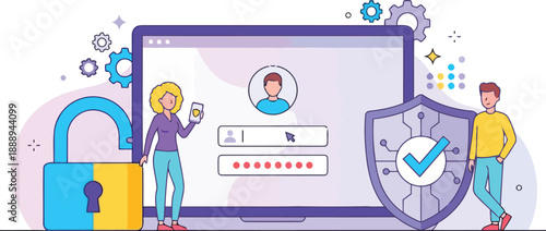 Digital Security and Online Identity: A vivid illustration depicts a laptop and human figures engaged in online security and identity authentication.