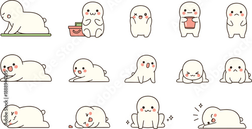 Cute Kawaii Blob Character Vector Set with Multiple Emotions and Poses for Stickers Messaging Apps Kids Content and Fun Illustration Designs