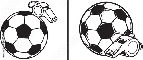 A black and white vector illustration featuring two distinct compositions of a classic paneled soccer ball paired with a referee's whistle, rendered in a clean, bold line-art style.
