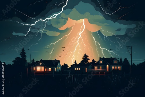 Lightning Storm Over Suburban Houses at Night