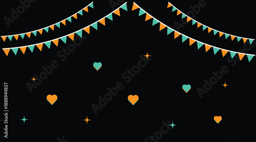 Vibrant party banners and lights on a black background