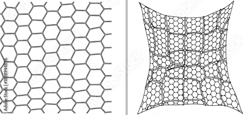 A black and white line art vector featuring two panels of hexagonal netting, showcasing both a flat close-up texture and a distorted, perspective-driven view of a soccer goal net.