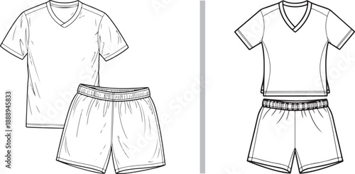 A black and white vector showcasing two variations of a sports uniform, each featuring a V-neck jersey and athletic shorts presented in a clean, technical line-art style.