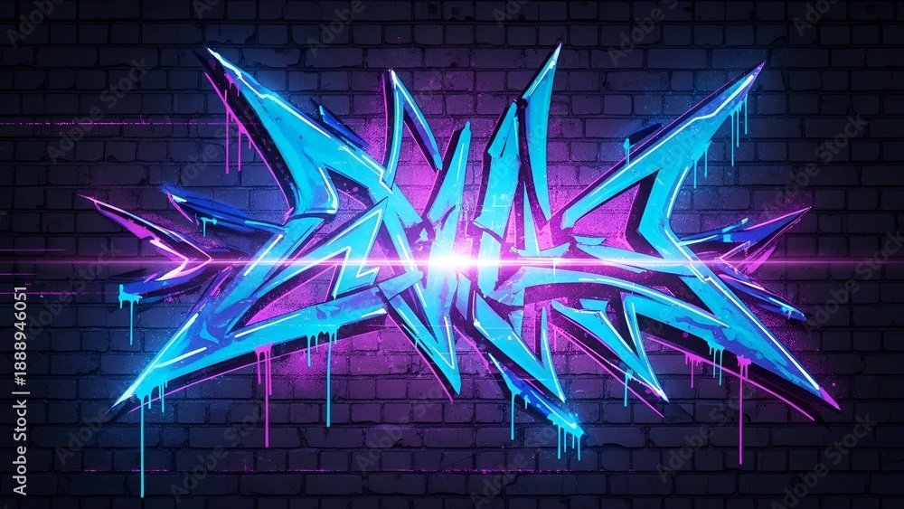 Naklejka premium neon graffiti art on brick wall, urban street style