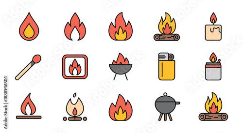 Fire flame line icon set, flat vector illustrations of bonfire, campfire, burning candle, matchstick, lighter, and grill, representing heat and energy, modern web and app symbols.