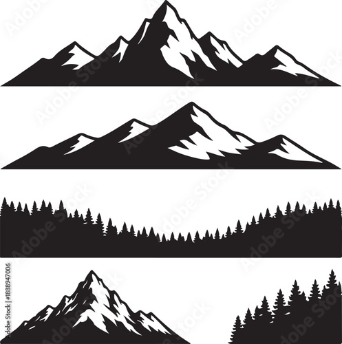 Collection of Black Mountain and Pine Forest Silhouettes. Nature Vector Icons.