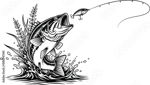 Largemouth bass jumping out of water to catch bait, fishing lure with rod, splash water, vintage woodcut style, vector illustration, isolated