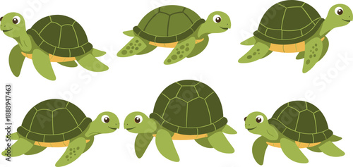 Cute Sea Turtle Cartoon Vector Set with Expressive Swimming Poses for Kids Education Marine Wildlife Illustration and Ocean Conservation Designs
