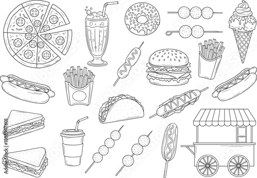 Hand drawn fast food collection with pizza burger fries hotdog ice cream and street snack cart illustration
