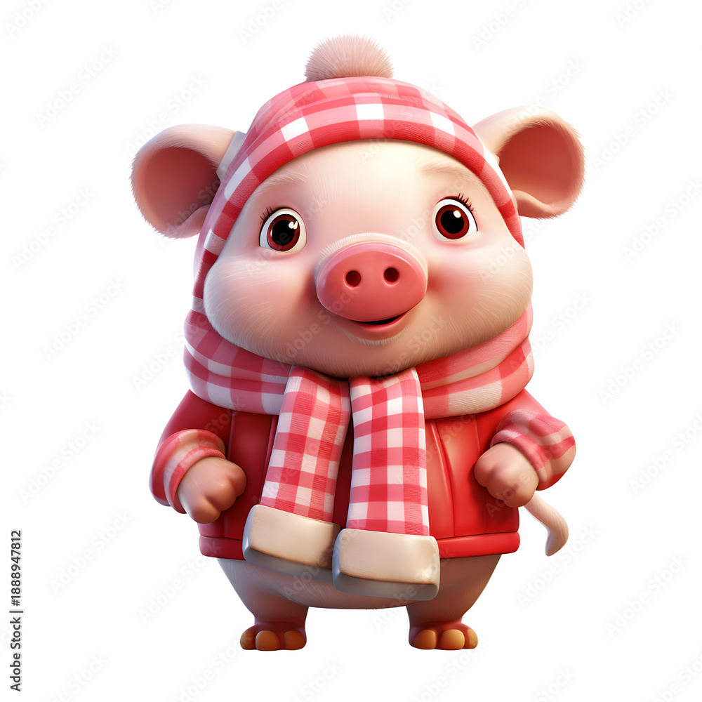 Fototapeta premium Cute cartoon pig in winter clothes with a transparent background