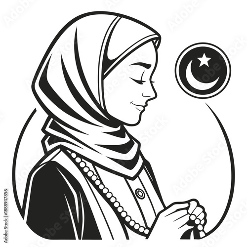 Ramadan Spiritual Concept Badge, Hijab Woman Worshipping with Moon and Star Vector