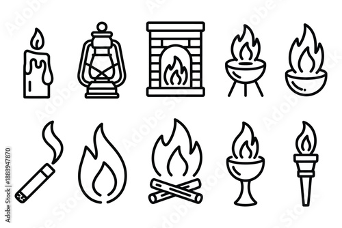 Fire and flame outline icon set, vector illustrations of campfire, candle, and torch, minimal line design