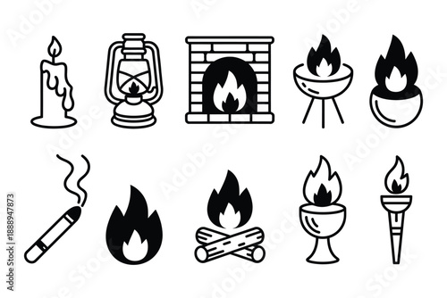 Fire and flame outline icon set, vector illustrations of campfire, candle, and torch, minimal line design