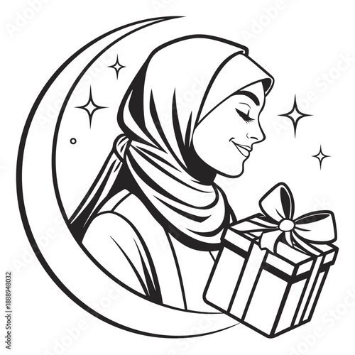 Muslim Woman in Hijab Holding Gift with Crescent Moon Line Art Vector