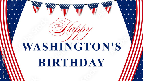 Patriotic banner, card Happy Washington's Birthday with an American flag and a garland of flags for Presidents' Day