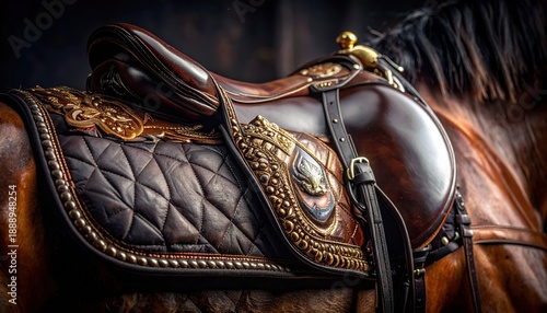 Close-up of an ornate, polished leather saddle on a prized racehorse, showcasing intricate golden details and rich texture.