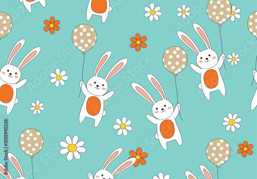 Adorable seamless pattern with playful bunnies balloons and daisies on turquoise background perfect for spring kids textiles
